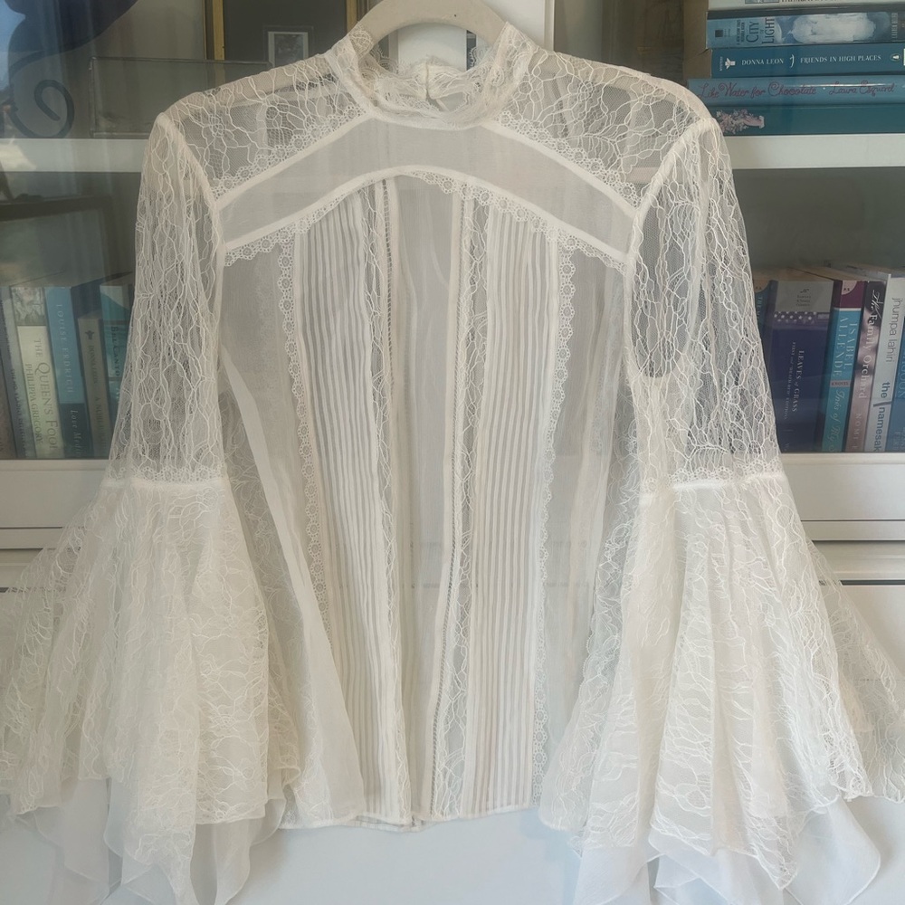 Alice + Olivia cream sheer lace silk blouse (size 10)